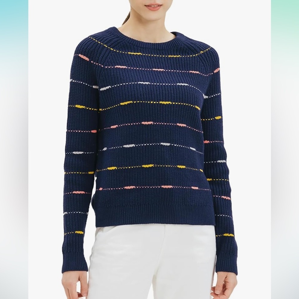 Cable Stitch Women's Stripe Sweater, Crewneck Long Sleeve Knitted Pullover Small
